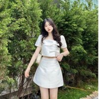 Set áo croptop nơ cài lệch kèm chân váy chữ A ngắn lưng cao chất tafta trắng, áo nữ kiểu ngắn tay chân váy hàn quốc,SUBA