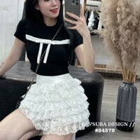 Set Áo Croptop Nơ Kèm Chân Váy Ren Tầng Ngắn Cute