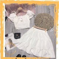 Set Áo Croptop Nữ Cổ Vuông và Chân Váy Xòe Trắng