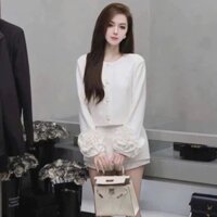 set áo croptop nút bọc tay dài đính bông tay kèm quần giả váy NN