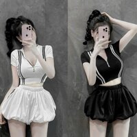 Set áo croptop phối quần bí phồng xinh