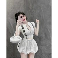sét áo croptop phối quần bí phồng xinh nữ