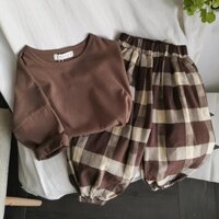 Set Áo Croptop + Quần Dài Kẻ Sọc Caro Màu Sắc retro Cho Bé