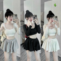 SET ÁO CROPTOP TAY DÀI CHÂN VÁY XOÈ