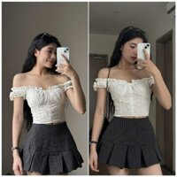 Set Áo Croptop Thô Boi Trễ Vai Mix Chân Váy Xếp Ly Kèm Ảnh Thật Lu Stores
