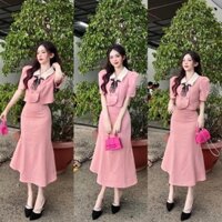 Set áo croptop tiểu thư duyên dáng nút nơ đen cổ kèm chân váy Midi đuôi cá sang chảnh
