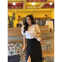 Set áo croptop tiểu thư phối chân váy xẻ tà
