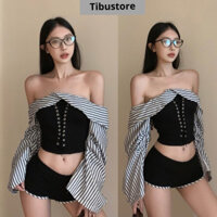 Set Áo Croptop Trễ Vai Kẻ Sọc Đan Dây Chiết Eo Phối Quần Sort Ngắn TIBU Set Đồ Nữ Cá Tính Tôn Dáng Đi Chơi Dự Tiệc 15
