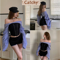 Set áo croptop trễ vai tay dài kẻ sọc đan dây chiết eo phối quần cạp trễ ngắn CATCHYstore set đồ nữ cá tính năng động