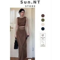 Set Áo Croptop Và Chân Váy Xẻ Tà Sau Thắt Dây Eo Sang Chảnh SUNNT STORE