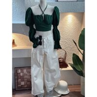 set áo croptop xanh lá quần kaki suông trắng laviecloset