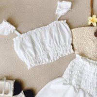 Set áo crotop chân váy trắng trắng xòe 2 tầng, set áo kiểu cánh tiên kèm váy cho nàng đi biển, đi chơi chất liệu mềm mịn