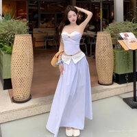 Set Áo Cúp Ngực Chân Váy Maxi, Set Đồ Nữ Đi Biển Chất Kẻ Sọc Hottrend Đính Cườm Sang Chảnh Tiểu Thư Cho Nàng Đi Du Lịch