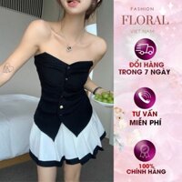 Set Aó Cúp Ngực chân váy FLORAL DESIGN nữ đen trắng  cổ tim tiểu thư trẻ trung năng động