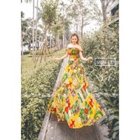 SÉT ÁO CÚP NGỰC CỘT NƠ VAI VÀ CHÂN VÁY XOÈ HOẠ TIẾT THỔ CẨM BOHO