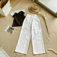 Set áo cúp ngực đen viền trắng xẻ tà + quần suông