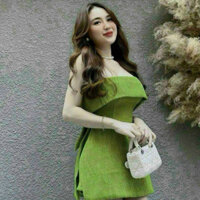 Set áo cúp ngực đính nơ xẻ tà phối quần đùi chất linen dáng xòe sang trọng