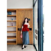 Set áo cup ngực đỏ, chân váy jean dài xinh xắn