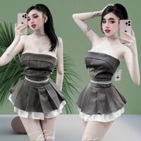 Sét Áo Cúp Ngực Kẻ Sọc Mix Chân Váy Xếp Ly Phối Ren Xoè Xinh Xắn CC254