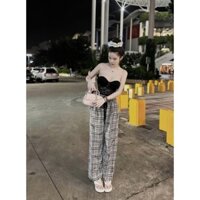 Set áo cúp ngực ren màu đen kèm quần caro xám