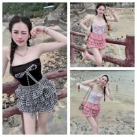 SET ÁO CÚP NƠ VAI PHỐI CHÂN VÁY BÍ PHỒNG CARO VIỀN REN VỀ 2 MÀU ĐỎ ĐEN, KÈM MÚT SẴN SIÊU DỄ THƯƠNG alohashop91