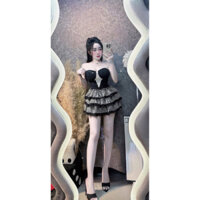 Set áo cúp ren kèm chân váy tầng xoè caro đen