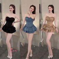 SÉT ÁO CÚP VIỀN BÈO ĐÍNH NƠ CROSET PHỐI CHÂN VÁY 2 TẦNG DỄ THƯƠNG