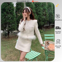 Set áo dạ cổ tròn 2 lớp viền áo phối lông thỏ mix chân váy A tiểu thư sanh chảnh| ELLASHOP.HN