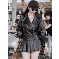 Set Áo Da Dáng Dài Cổ Vest Kèm Chân Váy Ngắn Xòe Xếp Ly MELLYSTORE Chất Vải Da Cao Cấp Màu Đẹp Quyến Rũ ,Sang Trọng