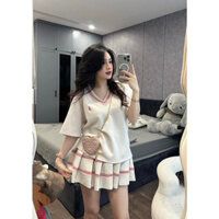 Set Áo Da Lộn Cổ V Tay Lửng Oversize& Váy Xếp Ly Phối Viền Trẻ Trung