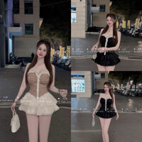 Sét áo dạ quây ngực viền bèo phối chân váy tơ xoè tầng cực xinh