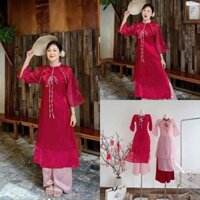 Set áo dài áo tơ ánh kim kiểu tàu nút bọc tay lửng bốn tà phối quần suông lụa diện đi chơi Tết siêu sang chảnh