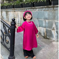 Set Áo dài bé gái hồng sen lụa mỹ ( tặng bờm)