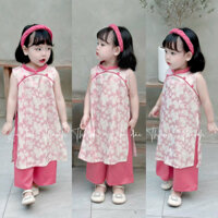 Set áo dài bé gái sát nách chất liệu lụa gấm màu hồng ( kèm bờm)