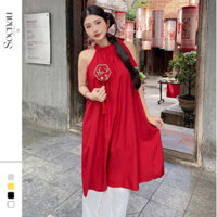 Set Áo Dài Cách Tân Áo Yếm Quần Phi Lụa NV567 Cổ Phối Nơ Mặc Chụp Hình Tết 2025