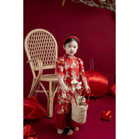 sét áo dài cách Tân bé gái lụa đỏ hình kỳ lân +quần lụa đỏ+ cài tóc