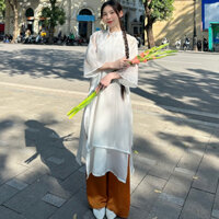 Set Áo Dài Cách Tân BÍCH ĐÀO 29feb.closet Tơ Óng 4 Tà Nơ Cổ Cách Điệu Kèm Quần Lụa Phối Màu Xinh Xắn - S145