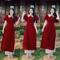 Set Áo Dài Cách Tân Chất Liệu Nhung Cổ Yếm Tay Bồng Kèm Quần, Set Áo Dài Mặc Tết Sang Chảnh