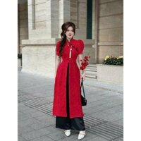 Set áo dài cách tân chất tuyết nhung xẻ tà phối quần ống rộng kèm chuông cưng xiu Ht506