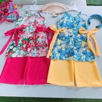 Sét Áo Dài Cách Tân Cho Bé Gái Kiểu Yếm In Hoa Đính Nơ Eo Xinh Xắn Tặng Kèm Cài Tóc Từ 10kg Đến 30kg