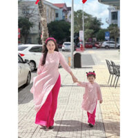 Sét Áo Dài Cách Tân Cho Mẹ Và Bé Vải Lụa Gấm Hoa Thanh Liễu Màu Hồng Phấn
