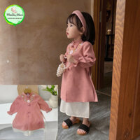 Set áo dài cách tân cổ thêu hoa, tay bồng phối quần lửng cho bé gái từ 9-25kg (1-7 tuổi)