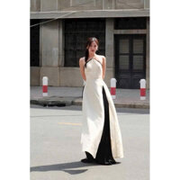 Set áo dài cách tân cổ yếm kèm vòng kiềng có mút ngực xẻ tà phối quần dài ống rộng chất vải tuyết nhung,