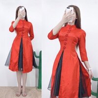Set áo dài cách tân gấm cổ trụ đính hoa hồng phối tà xẻ và chân váy phi phối voan xốp xoè cho mùa tết