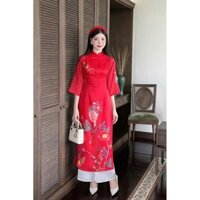 Set ÁO DÀI cách tân hiện đại áo voan ánh kim in 3d cổ trụ tay lỡ viền phối quần tuyết nhung 2 màu sang chảnh