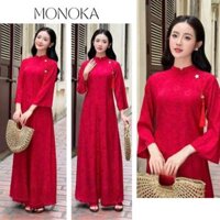 Set Áo dài cách tân lụa gấm đỏ dáng suông rộng tà dài + phụ kiện tua rua + Quần lụa đỏ mặc Tết ăn hỏi bê tráp cưới T7G