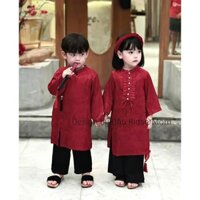 Set áo dài cách tân màu đỏ đô cho bé trai bé gái chất lụa gấm mềm mịn 9-27kg