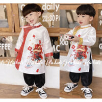 Set áo dài cách tân múa Lân kèm quần đen cho bé trai mặc tết