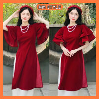 Set áo dài cách tân nhung đỏ tay bèo kèm quần trắng diện Tết,đi chơi xinh xắn AD600 HMStyle