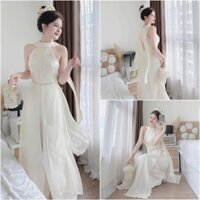 Sét áo dài cách tân nữ cổ yếm, xẻ tà phối quần dài ống rộng với tone màu trong trẻo dành diện chụp hình,lễ tết xinh.
